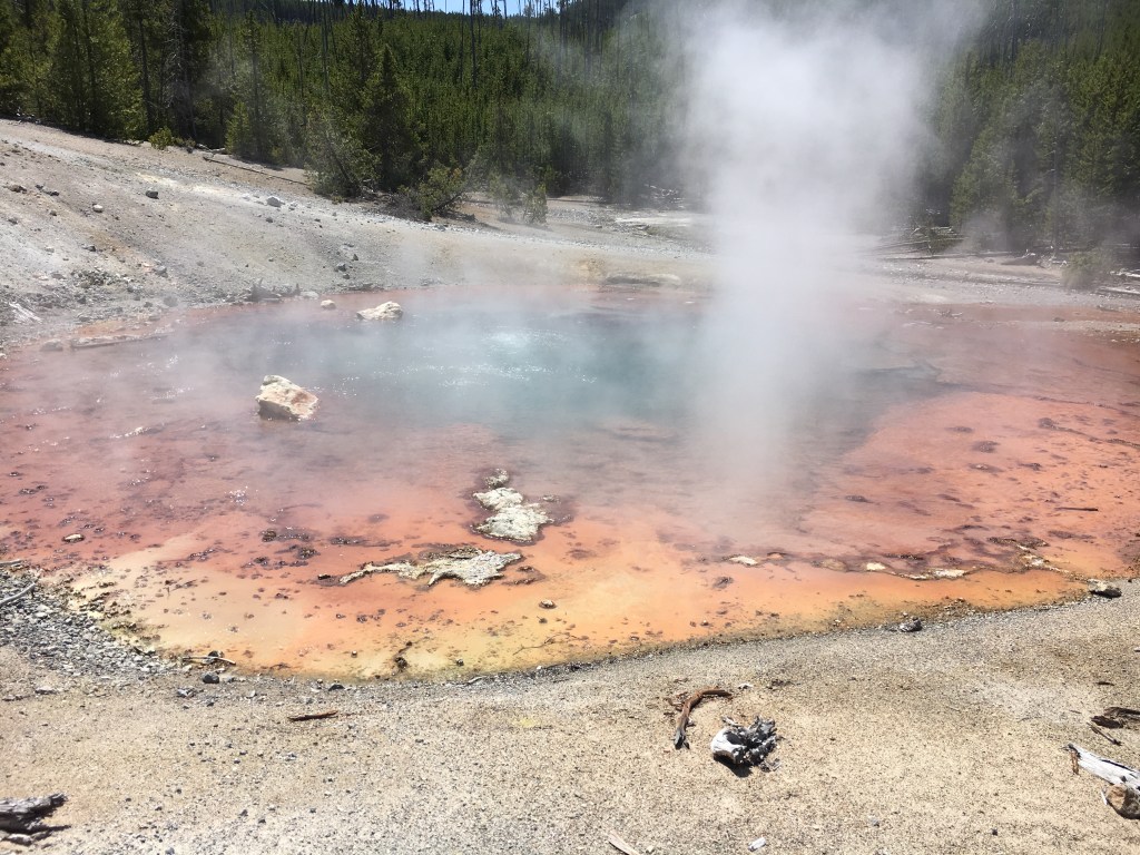 Fotografía de una poza de Yellowstone con colores amarillo, rojo y verdoso.